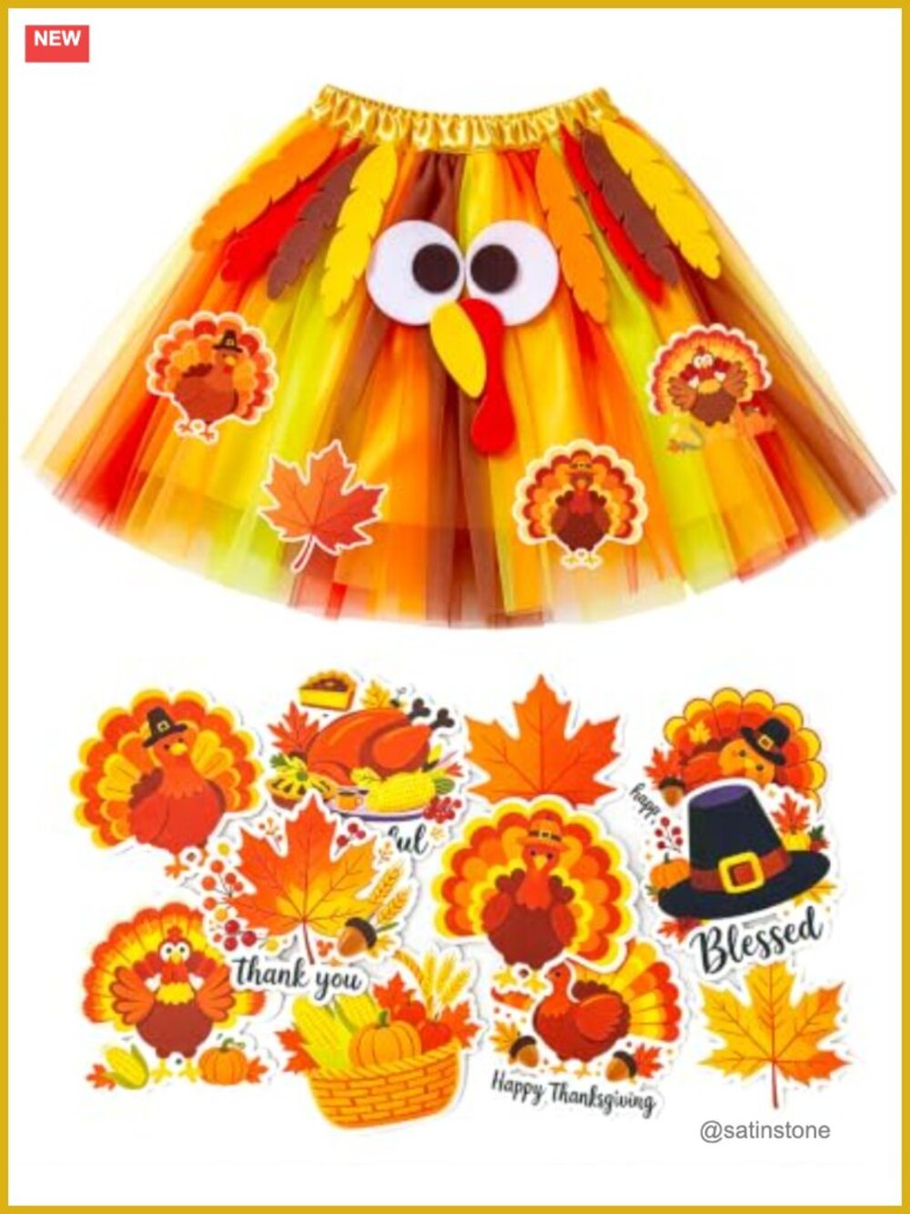 Turkey Tutu Skirt Set Thanksgiving Costume with Felt Stickers